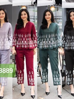 P8889🍁🌹🦋ชุดเซ็ทผ้าลินินฝ้าย ตีเกล็ดช่วงหน้าอก งานปักลาย กางเกงมีกระเป๋างานปัก เสื้อ อก 44" กางเกง เอว 30-36" สะโพก 46" มี 4 สี เทา เเดงไวน์ เขียวเข้ม ดำ