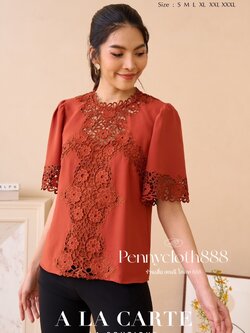 69683 เสื้อ A La Carte เครปเนื้อนุ่ม คอกลม แขนสั้นทรงแฟร์ งานปักฉลุเซาะทอลูกไม้ มีซับใน by PENNY CLOTH 888