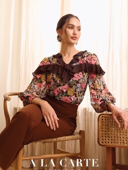 69468 เสื้อ A la carte ชีฟองพิมพ์ลายดอก คอวี แต่งระบาย แขนสม็อค สีฟ้าอมเขียว น้ำตาล ดำ