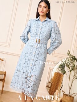 69519 ชุดเดรสเชิ้ต A La Carte ผ้าลูกไม้เนื้อทอ กระดุมผ่าหน้า เข็มขัด ( ถอดได้ ) ทรงโอเวอร์ไซซ์ มีซับใน