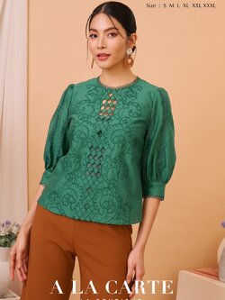 69594 เสื้อ Alacarte ชีฟองซิลด์ งานปักฉลุ คอกลม มีซับใน แขน 3 ส่วน