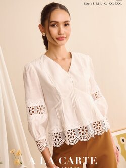 69463 เสื้อ A La Carte จอร์เจียซิลด์ ทรงคอวีแทรกทริมกราฟิค แต่งผ้าลูกไม้ มีซิปข้าง ใส่คู่กับผ้าซิ่น กางเกง กระโปรง สวยหรู สีขาว M,L,2XL สีน้ำตาล 2XL,3XL สีดำ M,XL-3XL