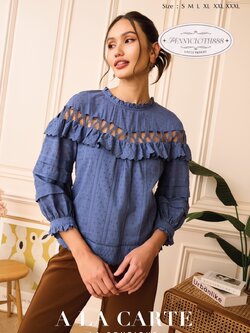 69343 เสื้อ A La Carte คอตตอนลายจุดริ้ว คอกลมแต่งลูกไม้ ใส่ระบายงานปัก มีซับใน แขน 4 ส่วนตีเกล็ด by PENNY CLOTH 888