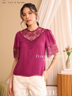 69677 เสื้อ Alacarte ชีฟองคอกลม แต่งลูกไม้เนื้อทอที่อก และปลายแขน มีซับใน