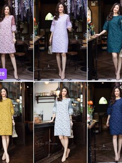 P0428 เดรสผ้าเกาหลีเนื้อผ้าขึ้นลาย2Tone เนื้อผ้าสวยงานแต่งลูกไม้3มิติที่แขน เดรสมีความโดดเด่นสวยหรูแต่งช่วงคอด้วยมุกสวย มีซิปด้านหลัง มีซับใน อก 44" ยาว 38" มี สี ชมพู ม่วง เขียวเข้ม ทอง ฟ้า