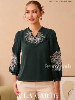 69815 เสื้อ A La Carte ชีฟอง คอวี แขน 3 ส่วน งานปักฉลุ ช่วงอก และแขน ผ้ามีน้ำหนักทิ้งตัว ซับในเย็บติด