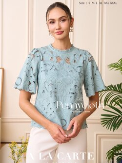 69791 เสื้อ A La Carte ลินิน งานปักฉลุ ทอลูกไม้ มีซับใน คอกลม แขนสั้นแฟร์ งานคุณภาพดี สวยหรูใส่สบาย by PENNY CLOTH