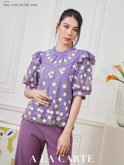 68627 เสื้อ A La Carte แขนสั้นงานปักบนผ้าลูกไม้ตาข่าย เลาะเชิงรอบชายเสื้อ มีซับใน แผงอกมีการปักบนผ้าชีฟอง ปักโค้งรอบคอ สีดำ 3XL