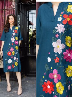 P0308 เดรสผ้าลินินฝ้าย ผ้าดีใส่สบาย งานปักฝีมือลายดอกไม้เเน่นๆสวย ดีเทลปักลายดอกไม้สีสันสดใส มีงานปักสวยเด่นที่ด้านหลัง เดรสมีกระเป๋าซ่อน อก 44" ยาว 43" สี เขียวทะเล