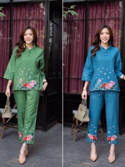 P8819 ชุดเซทตรุษจีน ผ้าลินินงานปักดอกไม้ อก 44" วงแขน 24" ยาว 25" สะโพก 44" สี เขียว สีฟ้า