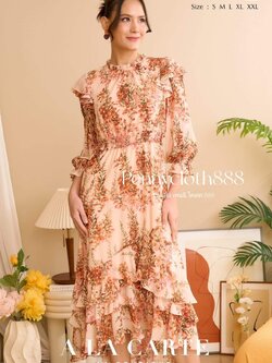 69518 ชุดเดรส A La Carte ชีฟองพิมพ์ลาย ทรงคอกลมใส่ระบาย ซับในมีความยืดหยุ่นใส่สบาย แขน 4 ส่วน กระดุมหลัง ซิปข้าง