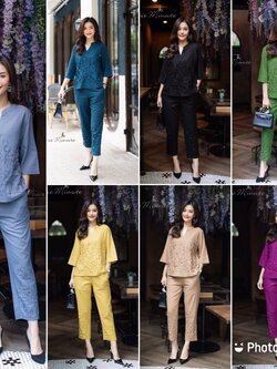 P0508 ชุดเซ็ทผ้าลินิน เนื้อผ้านิ่ม งานแต่งด้วยผ้าชิ้นจับวางลวดลายดอกไม้ ตอกมุก กางเกงมีกระเป๋า มีขนาเดียว ฟรีไซซ์ อก 44 สีดำ สีเทา ม่วงมะปราง แดง เขียวทะเล เหลือง เขียว