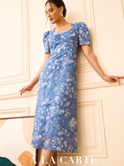 69560 ชุดเดรสผ้าลินินพิมพ์ลาย ทรงคอเหลี่ยม แขนสั้น ทรงเข้ารูป กระโปรงผ่าหน้า สีฟ้า สีครีม