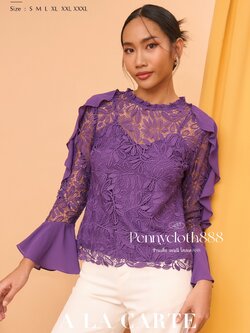 69589 เสื้อลูกไม้เนื้อทอใหม่ แขนยาว ปลายระบาย แต่งผ้าชีฟอง มีซับใน สีม่วง สีน้ำตาล สีดำ