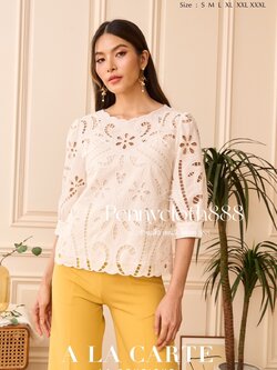 69634 เสื้อ A La Carte คอตตอน งานปักฉลุ เซาะลูกไม้ คอปาด แขน 3 ส่วน มีกระดุมขอบแขน เสื้อมีซับใน