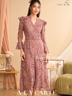 69628 ชุดเดรส A La Carte ผ้าลูกไม้เนื้อทอใหม่ ใส่ออกงาน ทรงคอวี กระดุมหน้า แขนกระบอก มีซับใน เข็มขัด