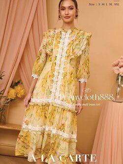 69533 ชุดเดรส A La Carte ชีฟองพิมพ์ลาย แต่งลูกไม้ แทรกทริม มีระบาย ซิปหลัง แขน 3 ส่วน ทรงกระโปรงระบาย มีซับใน ความยาว 50 นิ้ว