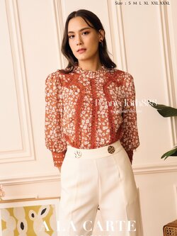 69347 เสื้อ A La Carte ชีฟองพิมพ์ลายดอกไม้ แต่งทริมลูกไม้ ทรงคอกลม กระดุมหลัง มีซับใน