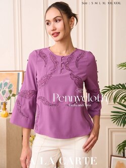 69811 เสื้อ A La Carte ผ้าเครป คอกลม งานปักเซาะลูกไม้ มีซับใน แขน 3 ส่วนผ่าแต่งกระดุม สวยเก๋ by PENNY CLOTH