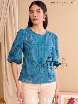 69742 เสื้อ A La Carte ลินินคอกลม งานปักฉลุเซาะผ้าลูกไม้ตาข่าย มีซับในด้านหน้า ทรงแขนสม็อก เนื้อผ้าใส่สบาย by PENNY CLOTH 888