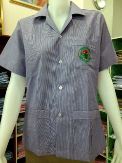 เสื้อริ้วม่วงขาว คอฮาวาย ปักกระทรวงสาธารณสุข ผู้หญิง