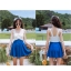 ***พรีออเดอร์***บิกินี่ชุดว่ายน้ำวันพีซ one-piece สีขาวครีมตัดต่อกระโปรงสีน้ำเงินอมฟ้า เล่นดีเทลแต่งลายสานกันช่วงอก กระโปรงกางเกงด้านใน สดใสน่ารักรับลมทะเล สวยเหมือนแบบค่ะ
